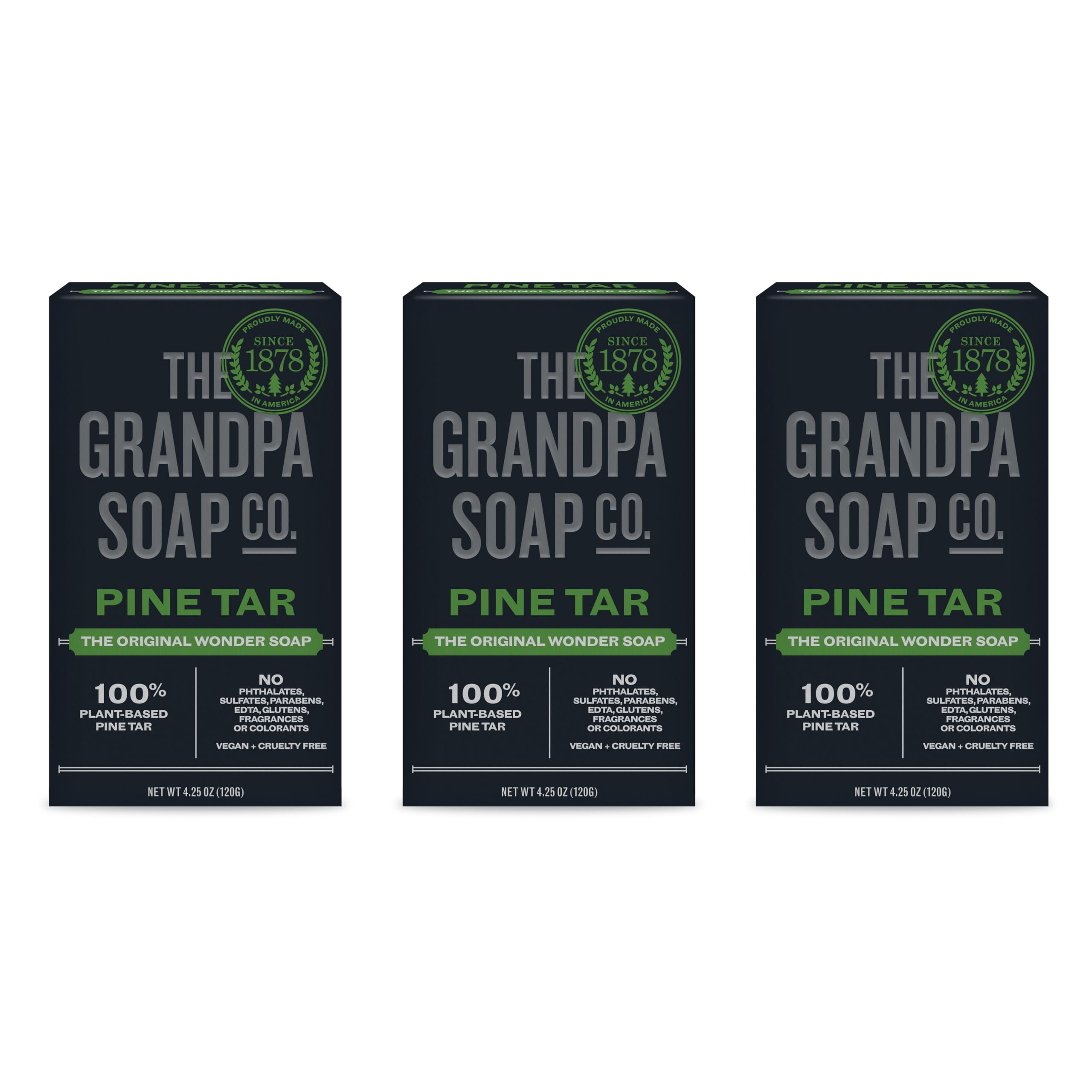 The Grandpa Soap Company pine tar bar soap packaging highlights natural cleansing for daily use.
