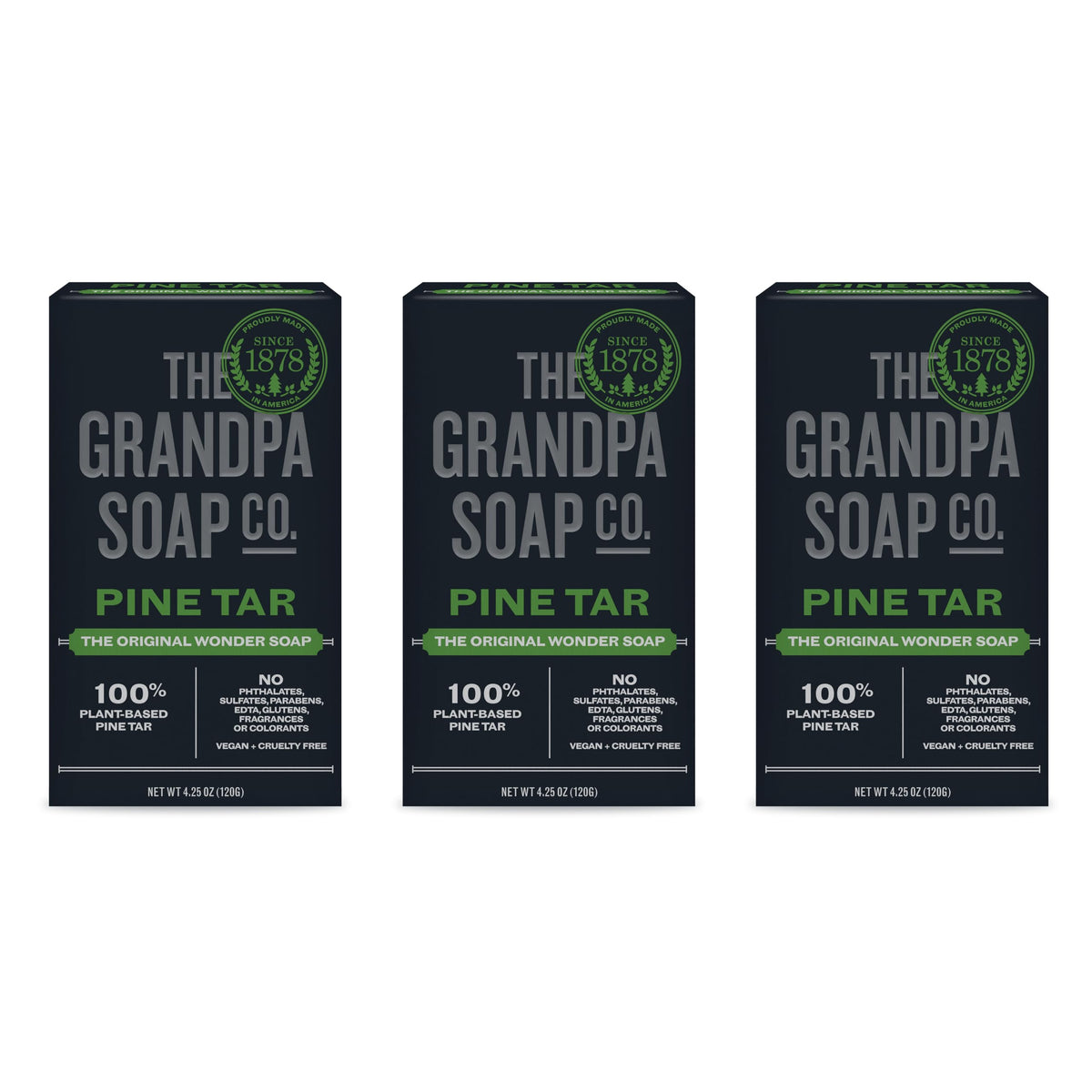 The Grandpa Soap Company pine tar bar soap packaging highlights natural cleansing for daily use.