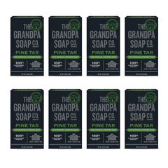 The Grandpa Soap Company pine tar bar soap packaging highlights all-over cleansing and versatility.