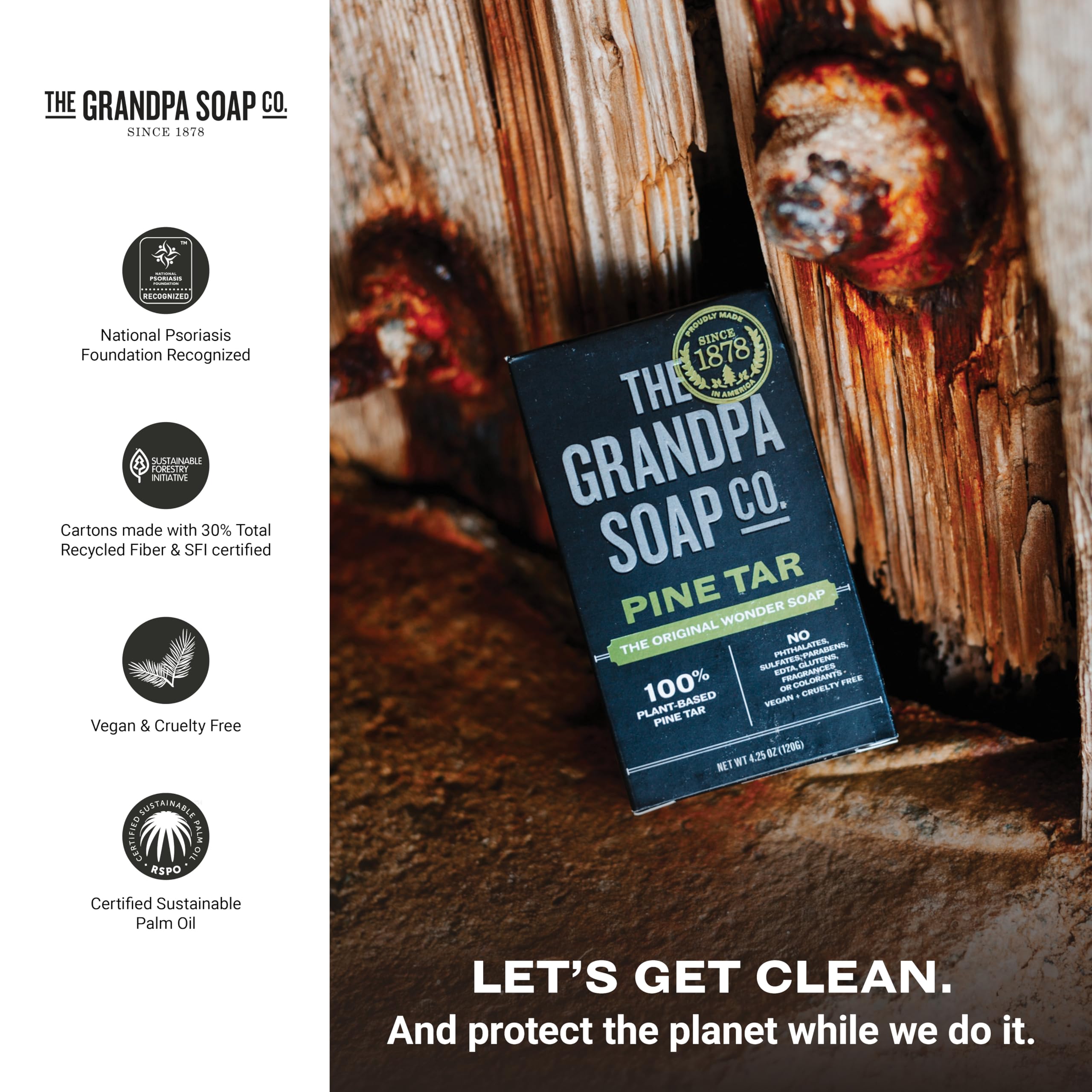 The Grandpa Soap Company pine tar bar soap is made in the USA for authenticity.