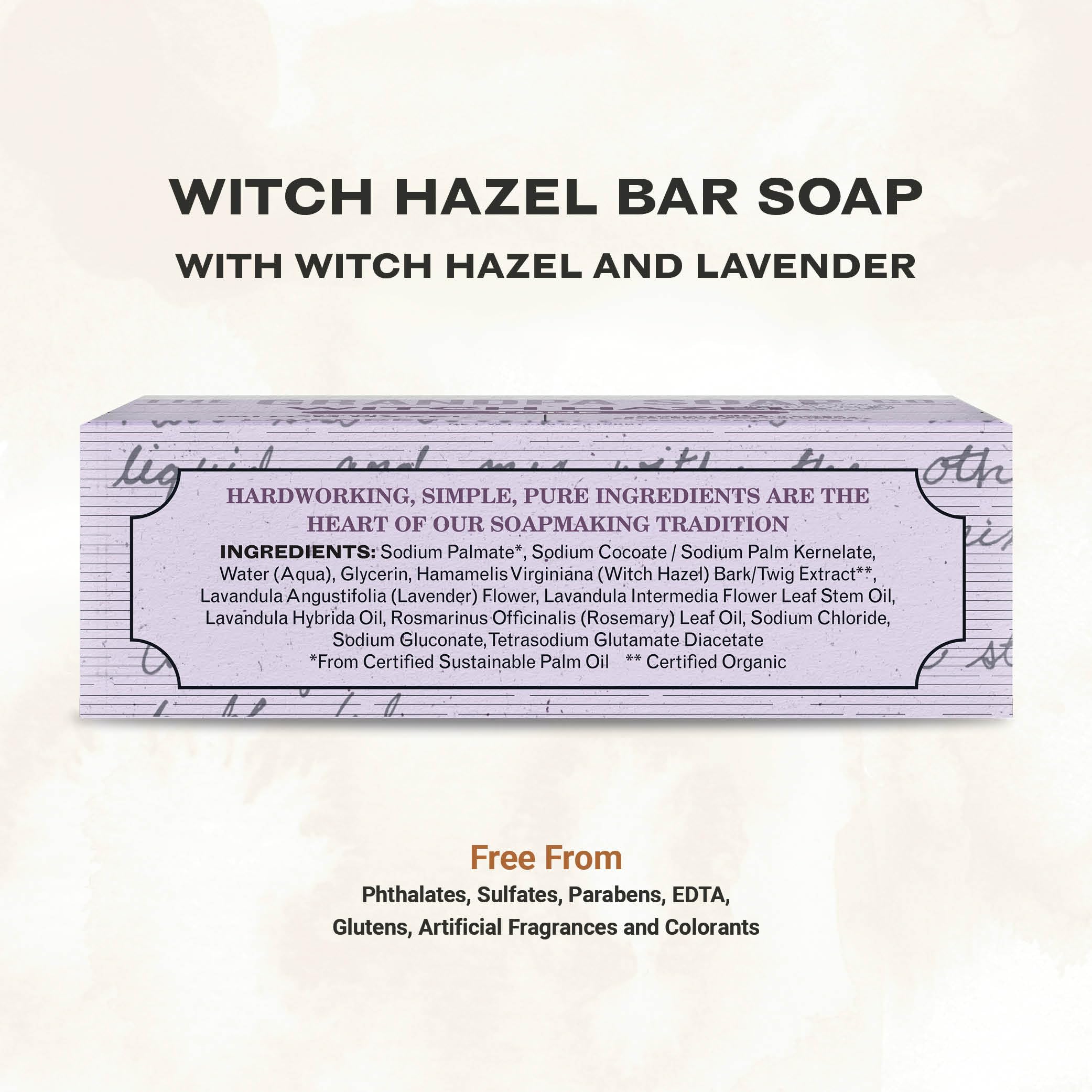 The Grandpa Soap Company Witch Hazel Bar closeup showing organic ingredients and calming lavender scent.