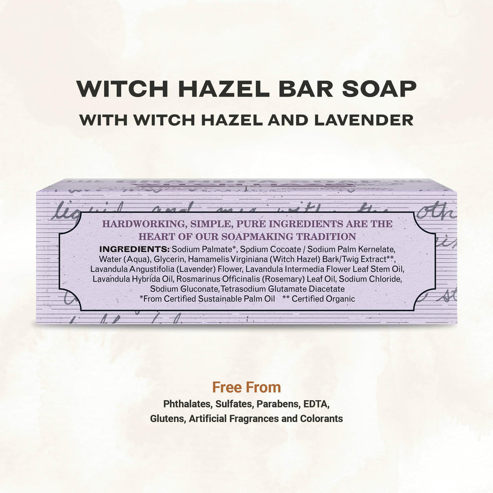 The Grandpa Soap Company Witch Hazel Bar closeup showing organic ingredients and calming lavender scent.