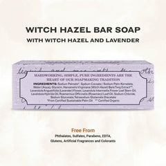 The Grandpa Soap Company Witch Hazel Bar closeup showing organic ingredients and calming lavender scent.