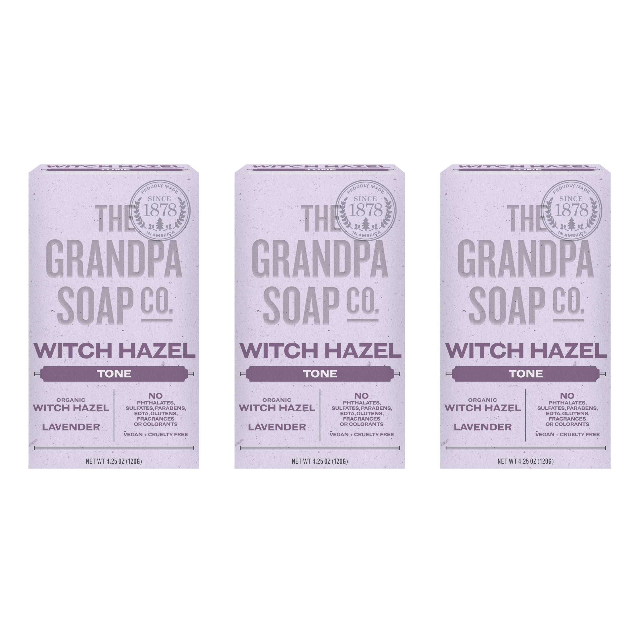 The Grandpa Soap Company Witch Hazel Bar Lavender pour for soothing cleansing and gentle toning.