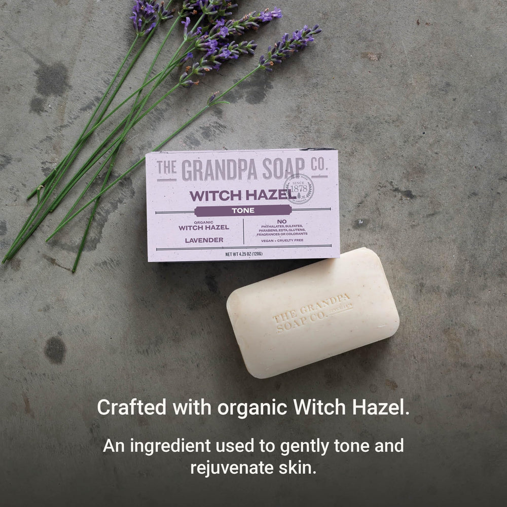 The Grandpa Soap Company Witch Hazel Bar packaging highlighting sustainable materials and vegan credentials.
