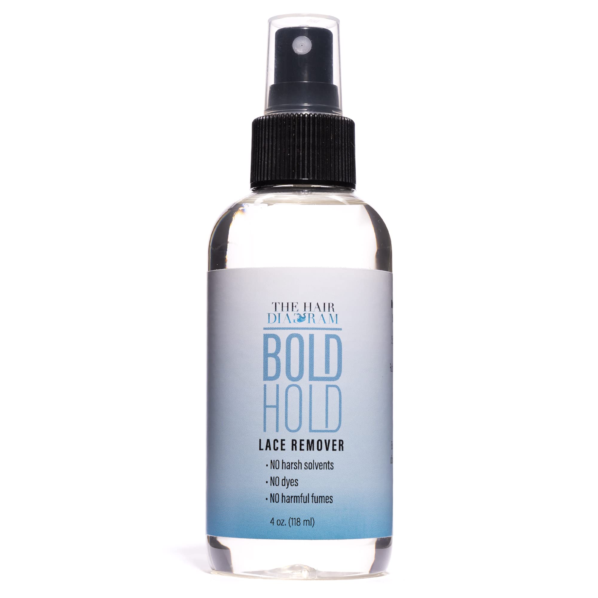 The Hair Diagram Bold Hold Lace Remover bottle shows quick, skin-safe bond release for wigs