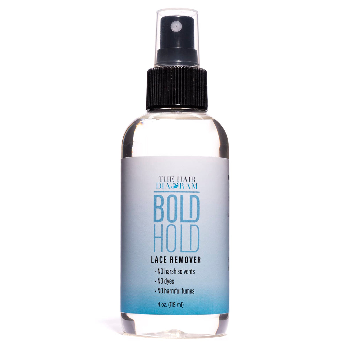 The Hair Diagram Bold Hold Lace Remover bottle shows quick, skin-safe bond release for wigs