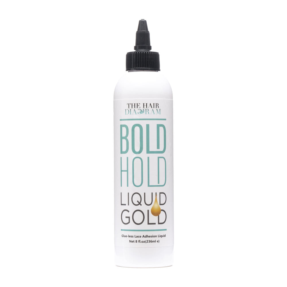 The Hair Diagram Bold Hold Liquid Gold bottle shows quick-dry, temporary lace hold.