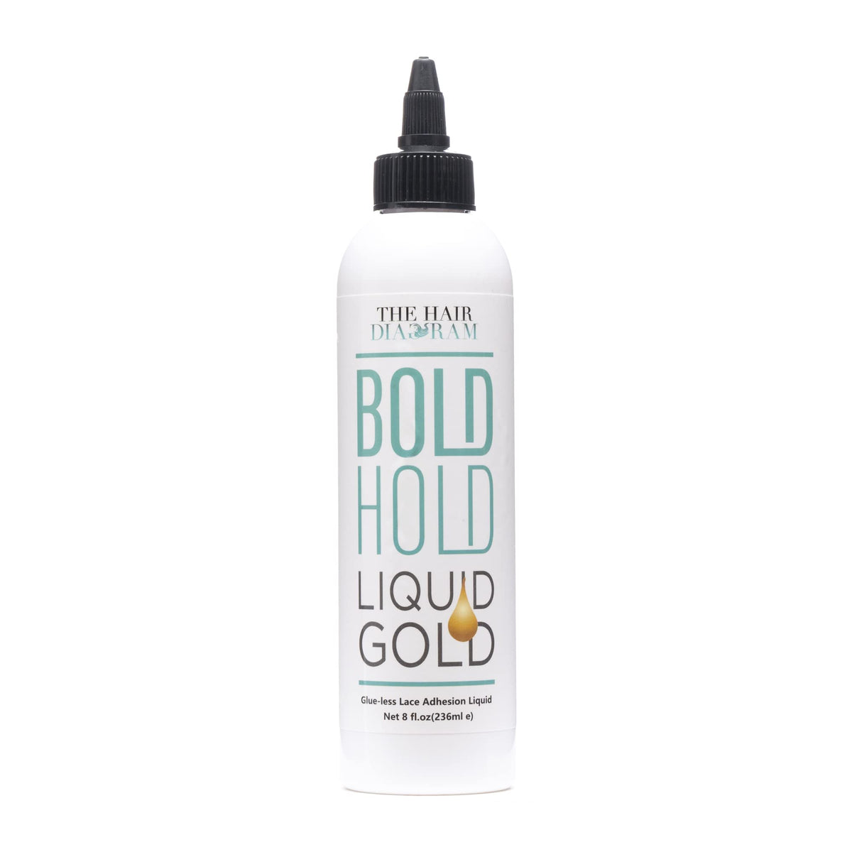 The Hair Diagram Bold Hold Liquid Gold bottle shows quick-dry, temporary lace hold.