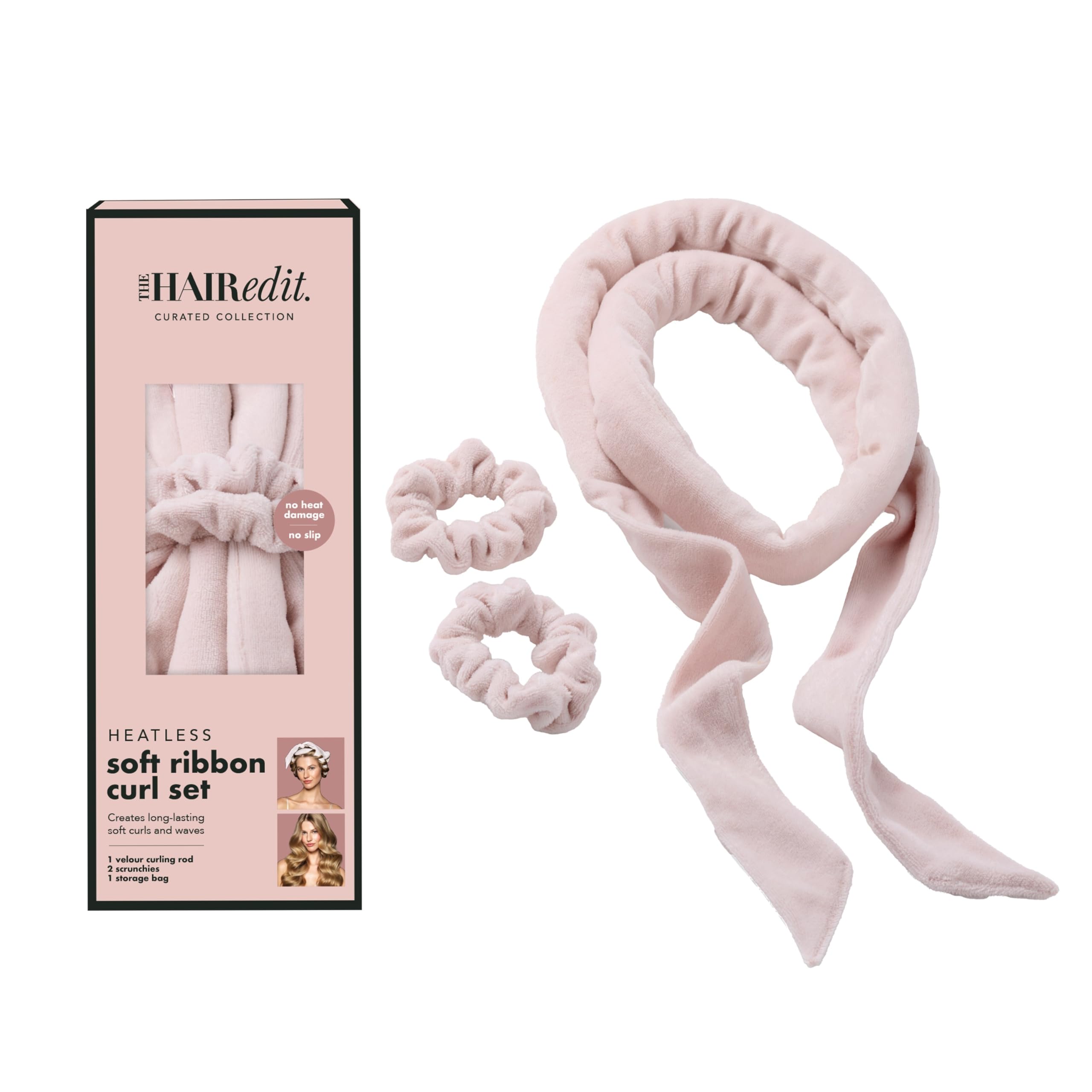 The Hair Edit heatless soft ribbon rod creates smooth, heat-free curls.