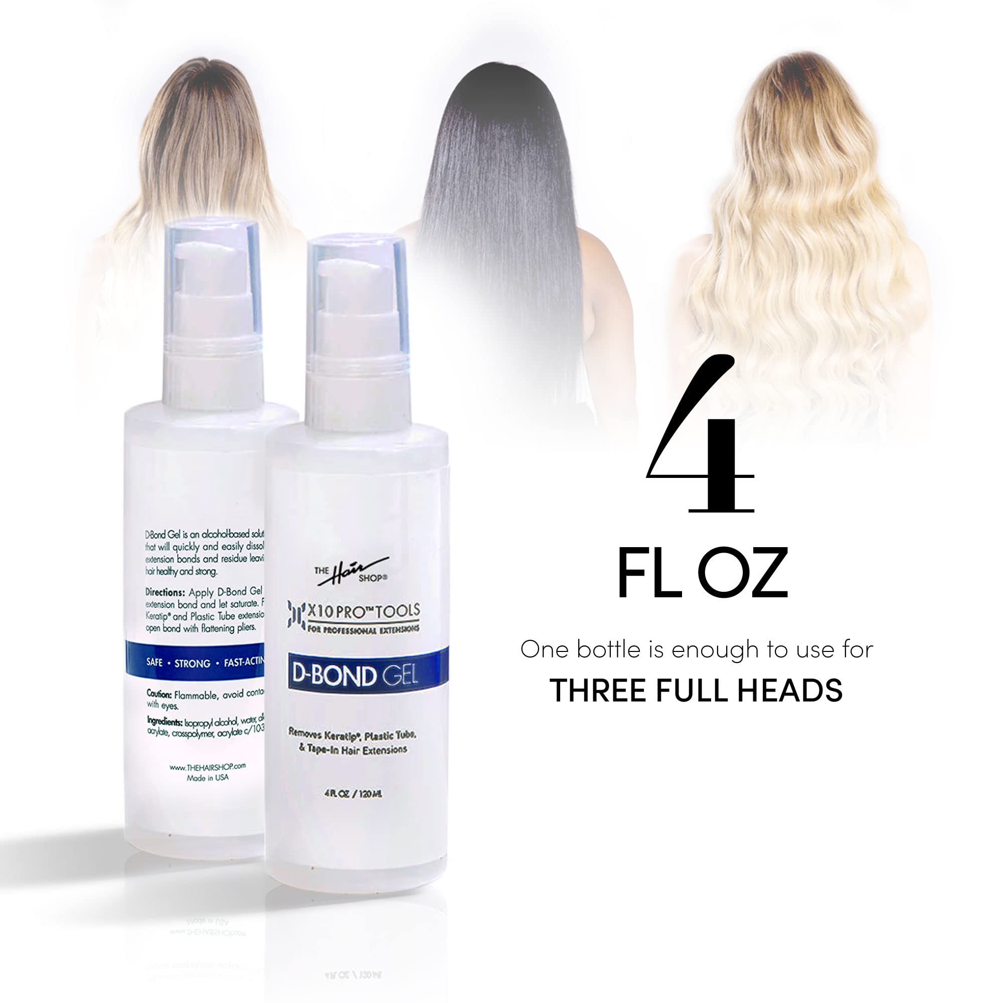 The Hair Shop D Bond Remover alcohol-base closeup emphasizes fast action with minimal residue.