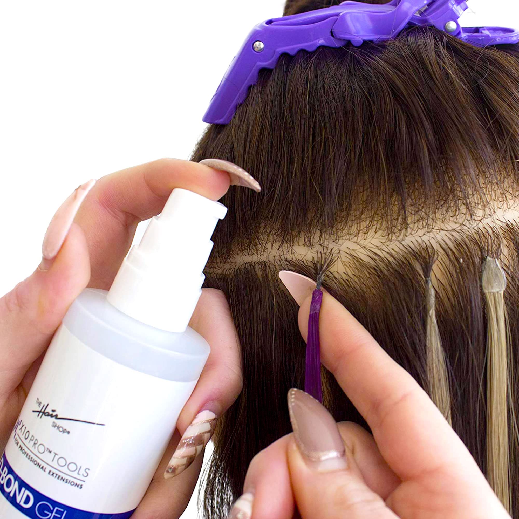The Hair Shop D Bond Remover application closeup shows precise, controlled removal for K Tip and U Tip.