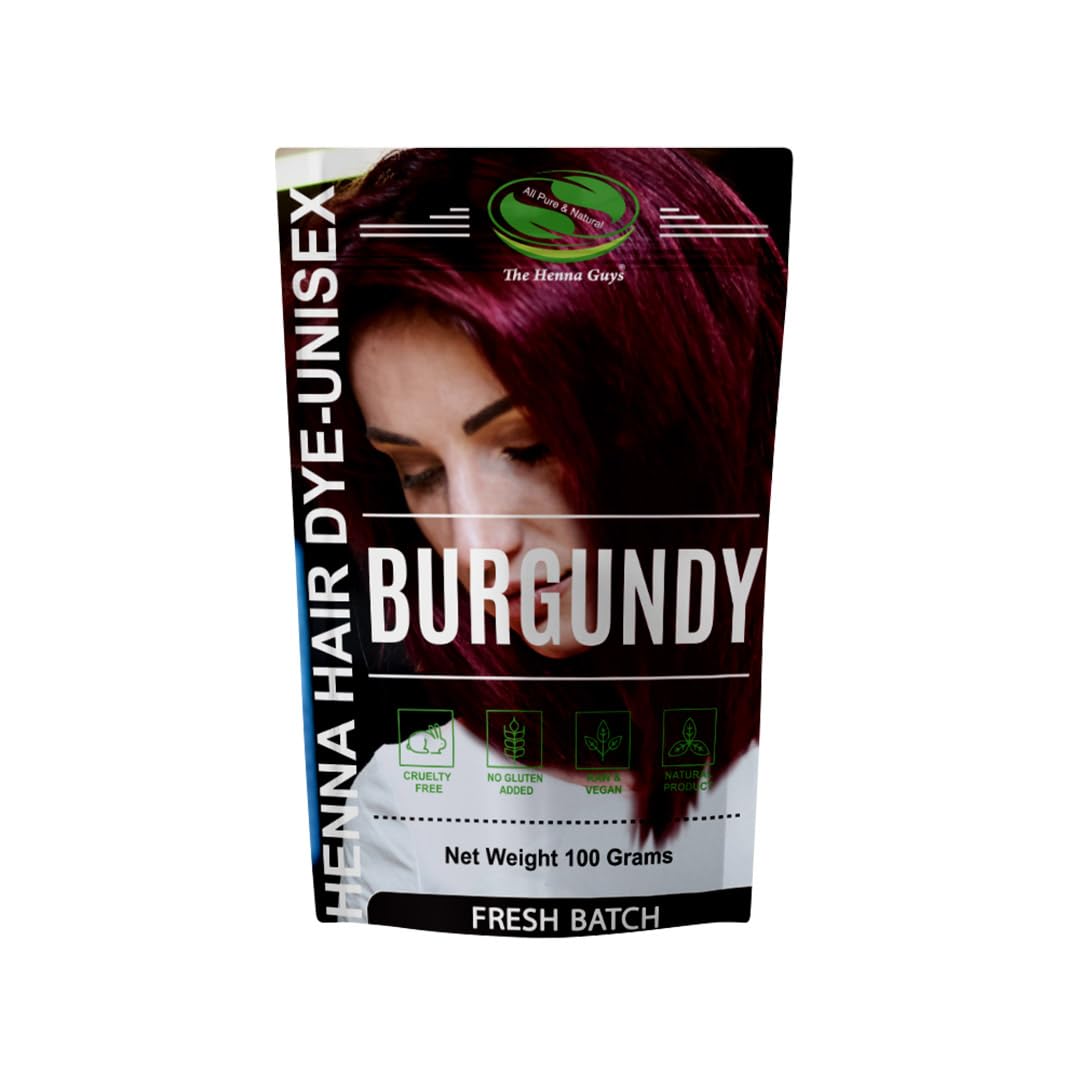 The Henna Guys burgundy hair color bottle shows a rich natural shade.