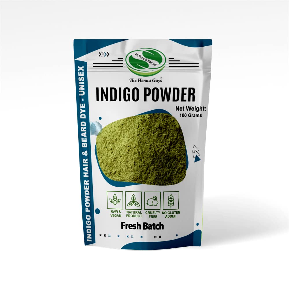 The Henna Guys Indigo powder packaging shows plant-based color for natural gray coverage