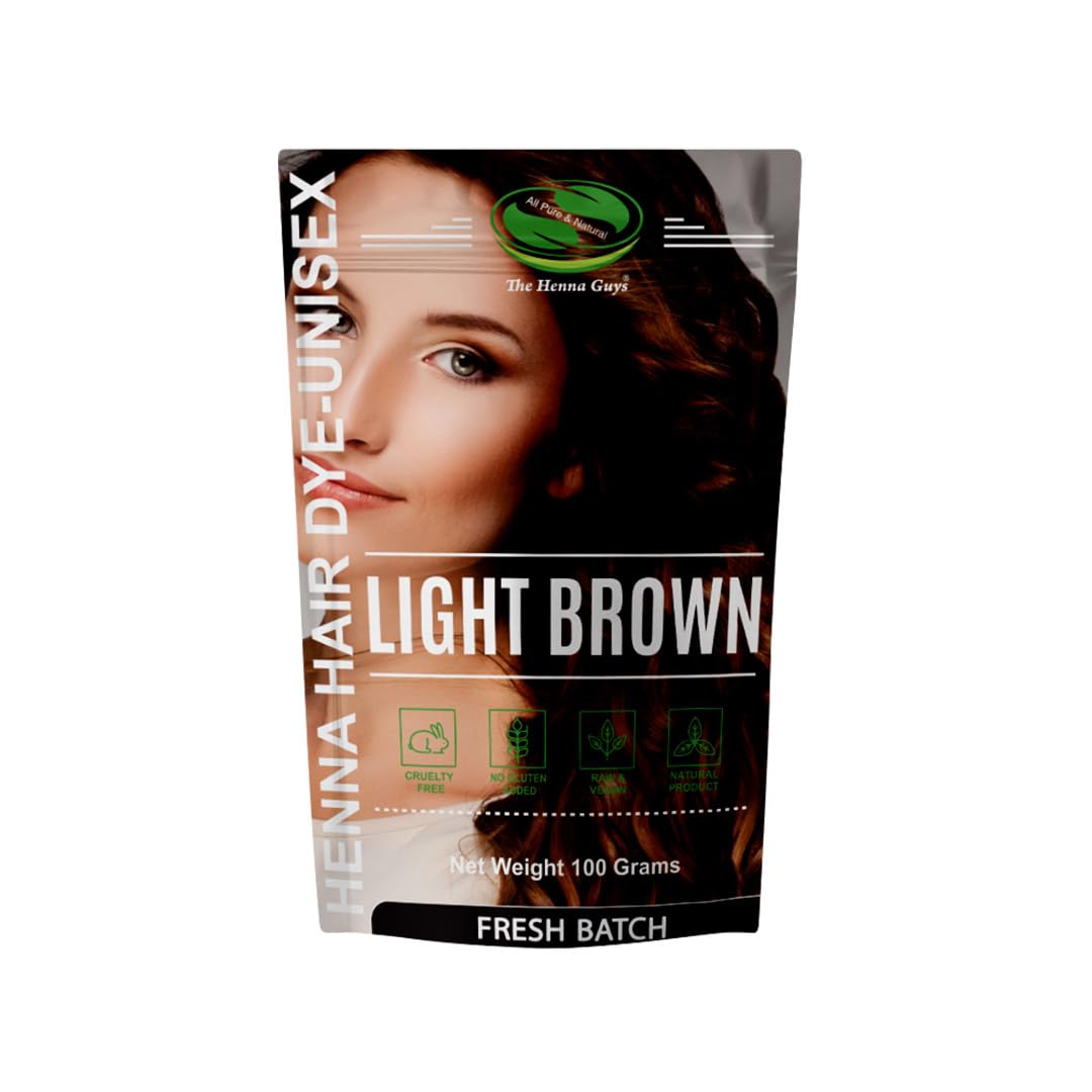 The Henna Guys light brown henna packaging shows a natural color option for hair and beard
