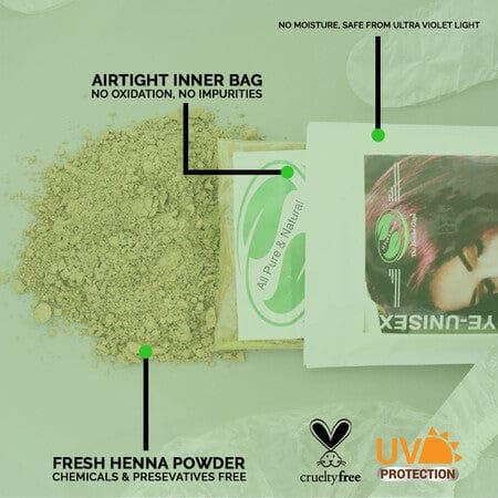 The Henna Guys natural plant-based dye emphasizes a chemical-free color option.