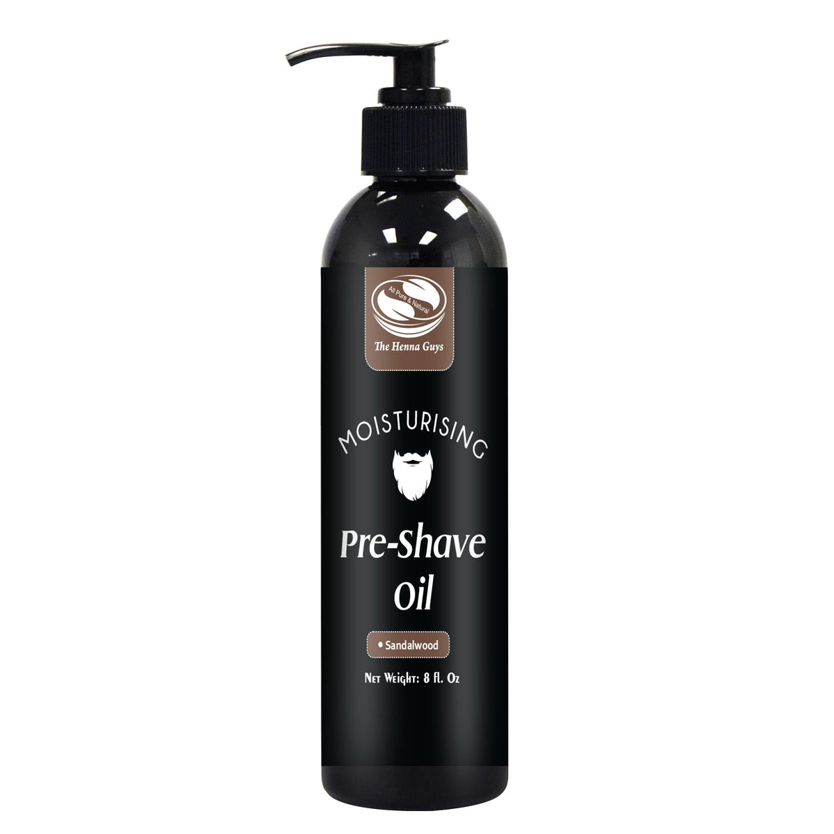 The Henna Guys pre-shave oil bottle in sandalwood scent for smoother shaves.