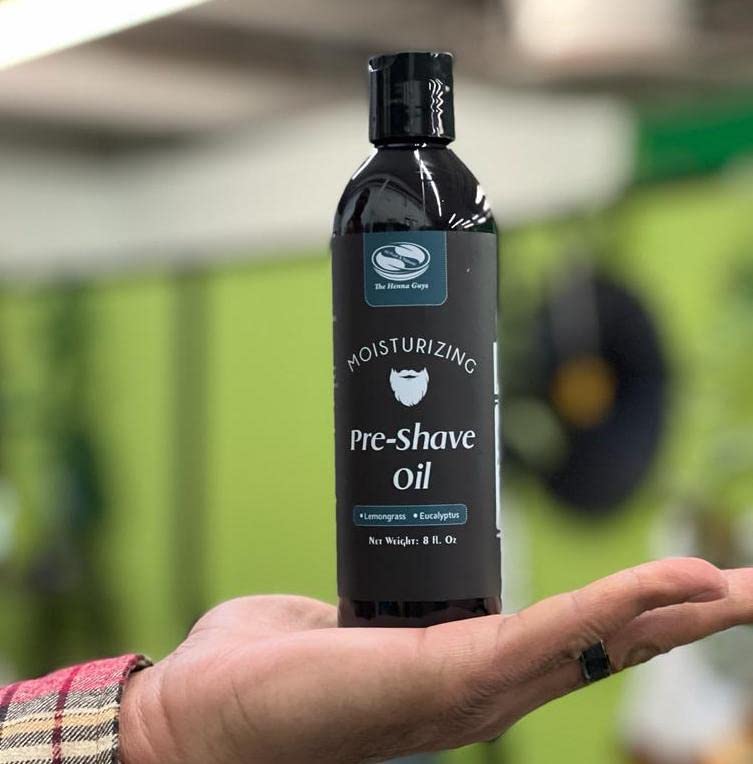 The Henna Guys pre-shave oil pour-cap for easy application and glide