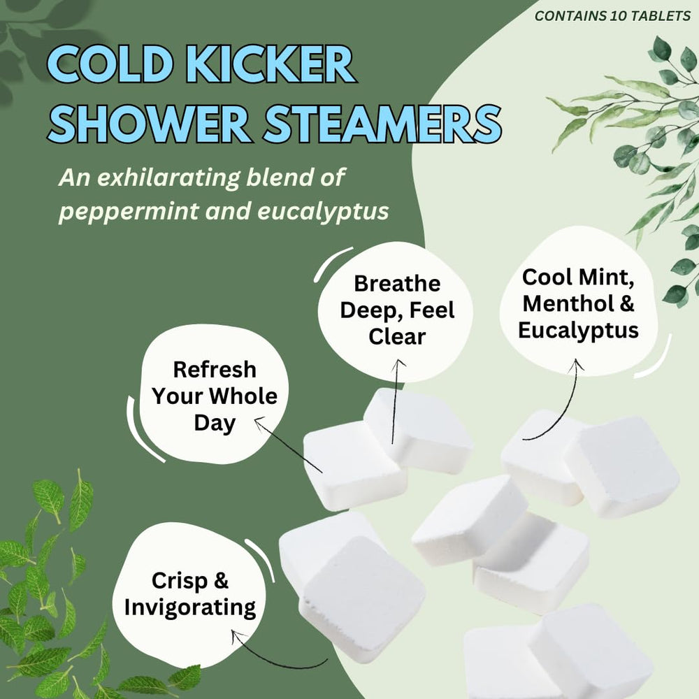 The Herbal Zen Cold Kicker shower steamers close-up emphasizes peppermint and eucalyptus aromatherapy.