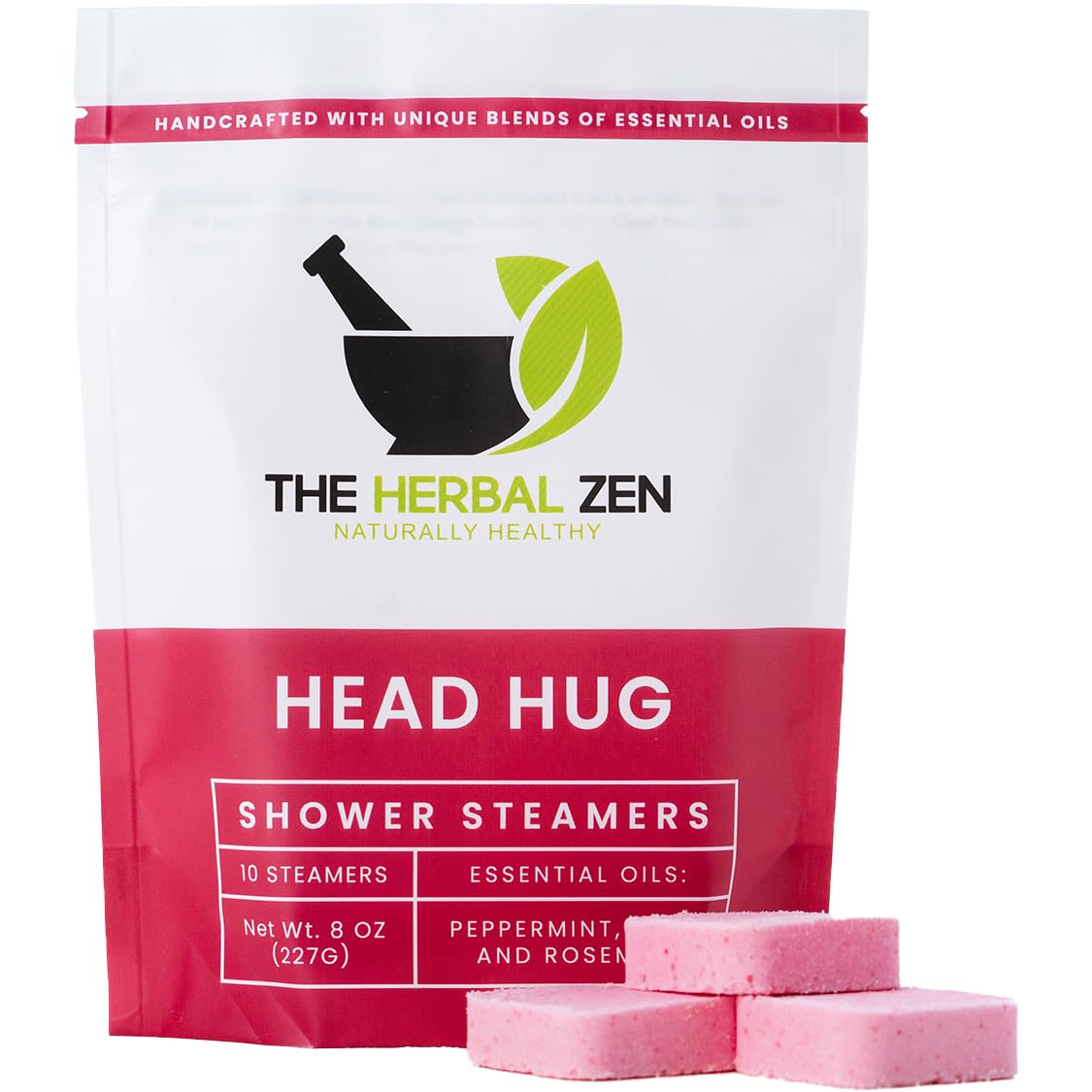 The Herbal Zen Head Hug shower steamer closeup showing peppermint and rosemary aroma for a mood lift