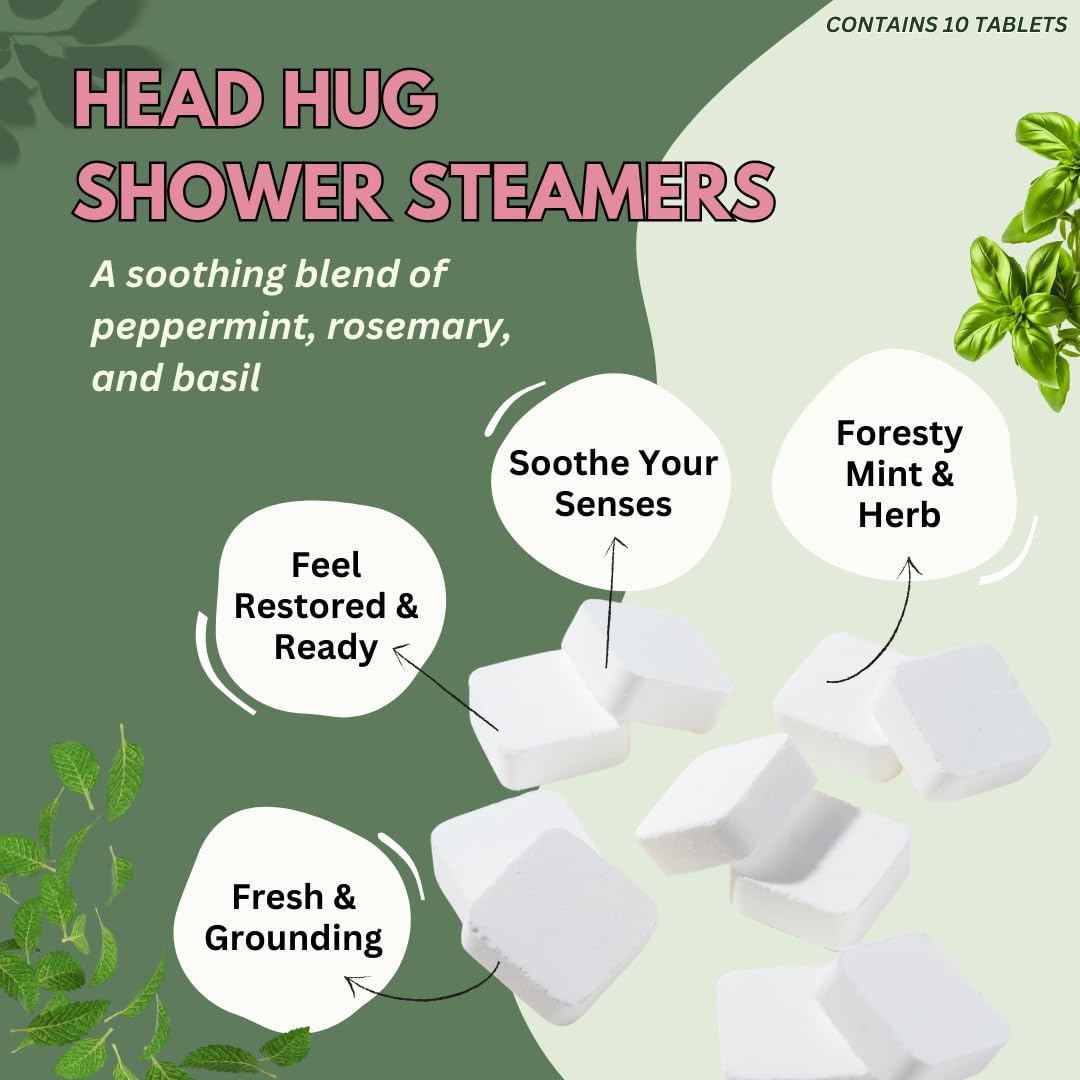 The Herbal Zen Head Hug Shower Steamer tablet closeup highlights peppermint aroma.
