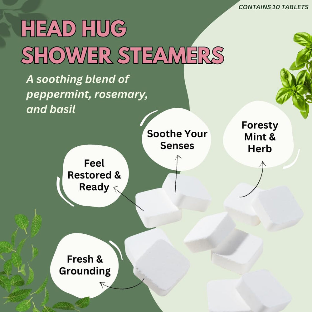 The Herbal Zen Head Hug Shower Steamer tablet closeup highlights peppermint aroma.