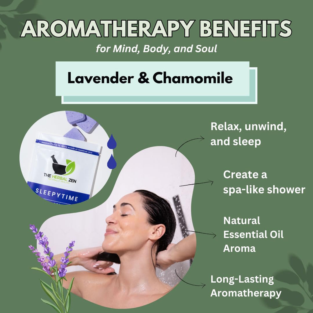 The Herbal Zen lavender shower steamer on a tray for a spa-like ritual.