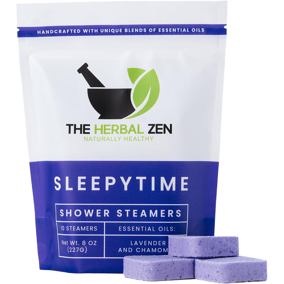 The Herbal Zen lavender shower steamers packaging for a USA-made aromatherapy gift.