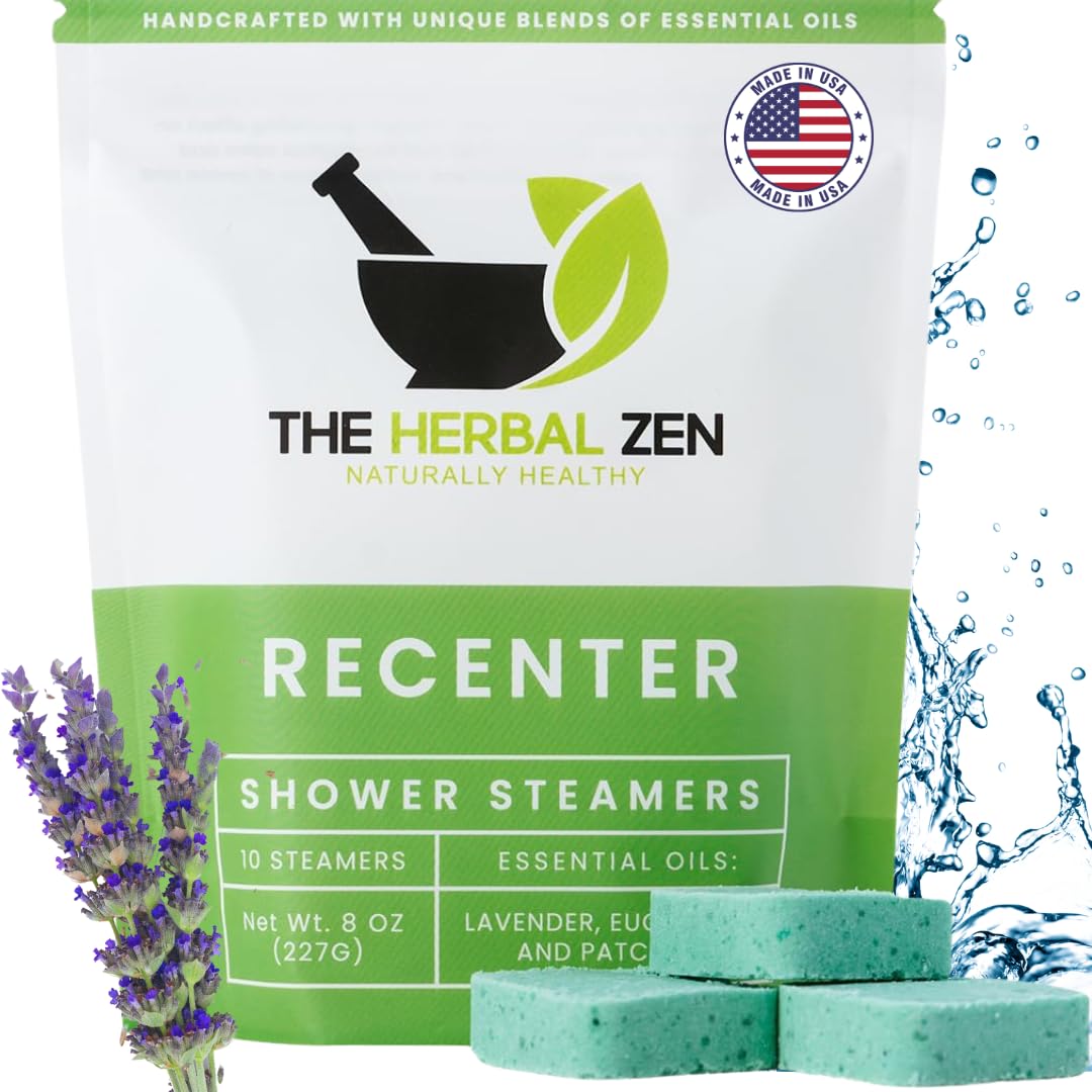 The Herbal Zen Recenter shower steamer packaging highlights calming lavender fragrance