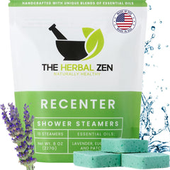 The Herbal Zen Recenter shower steamer packaging highlights calming lavender fragrance