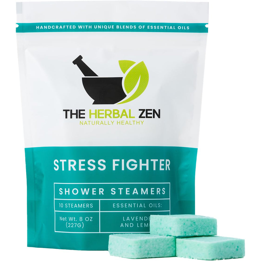 The Herbal Zen Stress Fighter packshot highlights lavender-lemon aroma for calming showers.