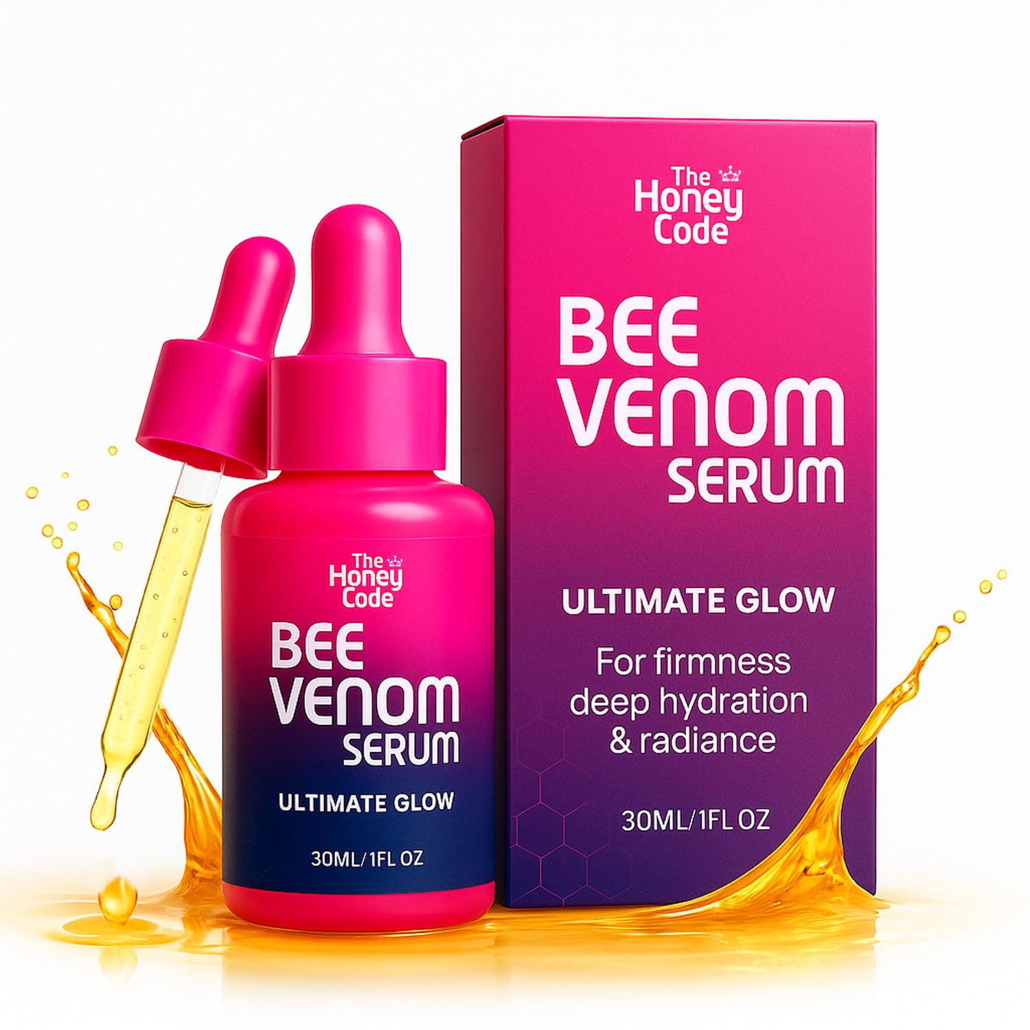 The Honey Code Bee Venom Serum bottle pump delivers quick hydration for radiant skin.