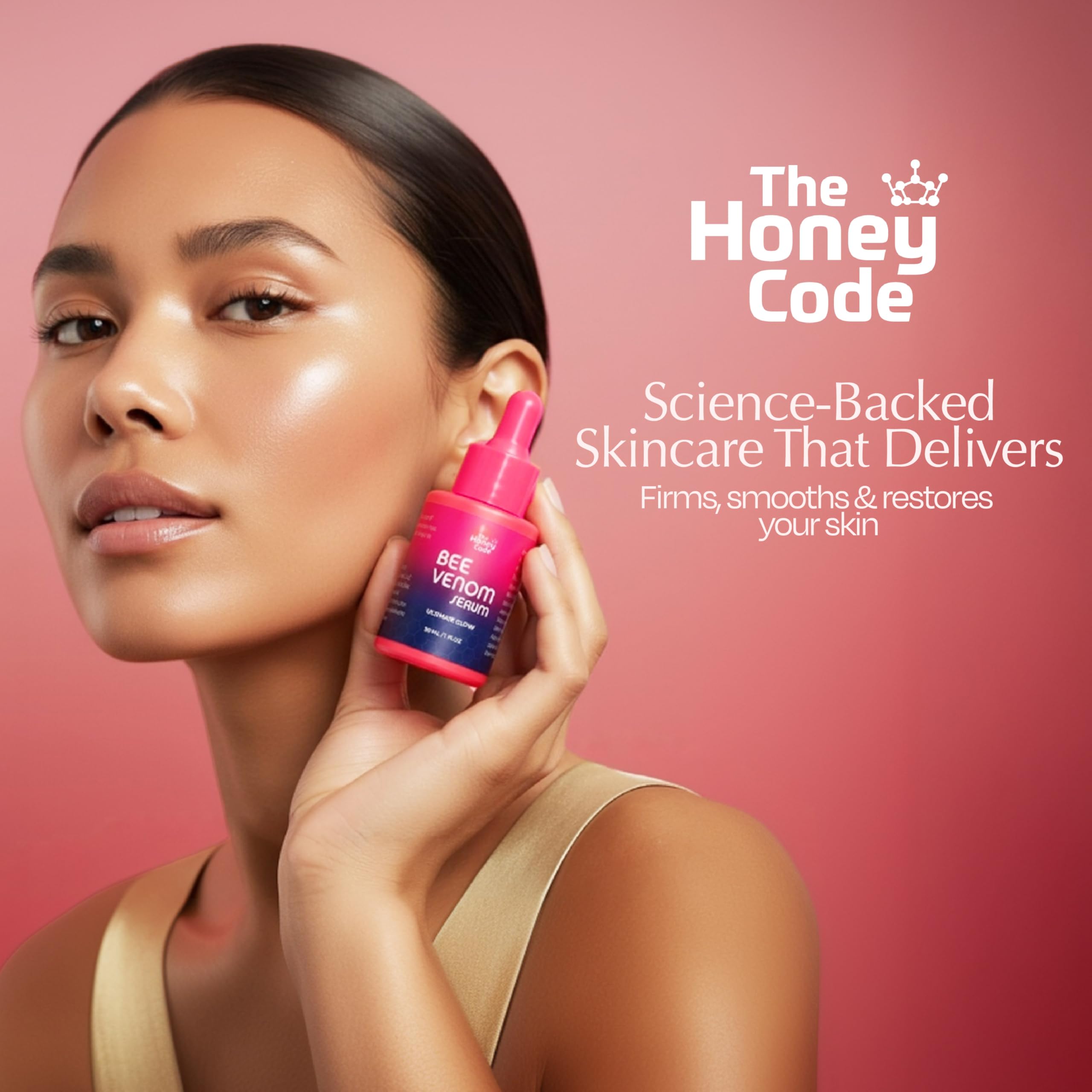 The Honey Code Bee Venom Serum glow after application highlights a radiant complexion.
