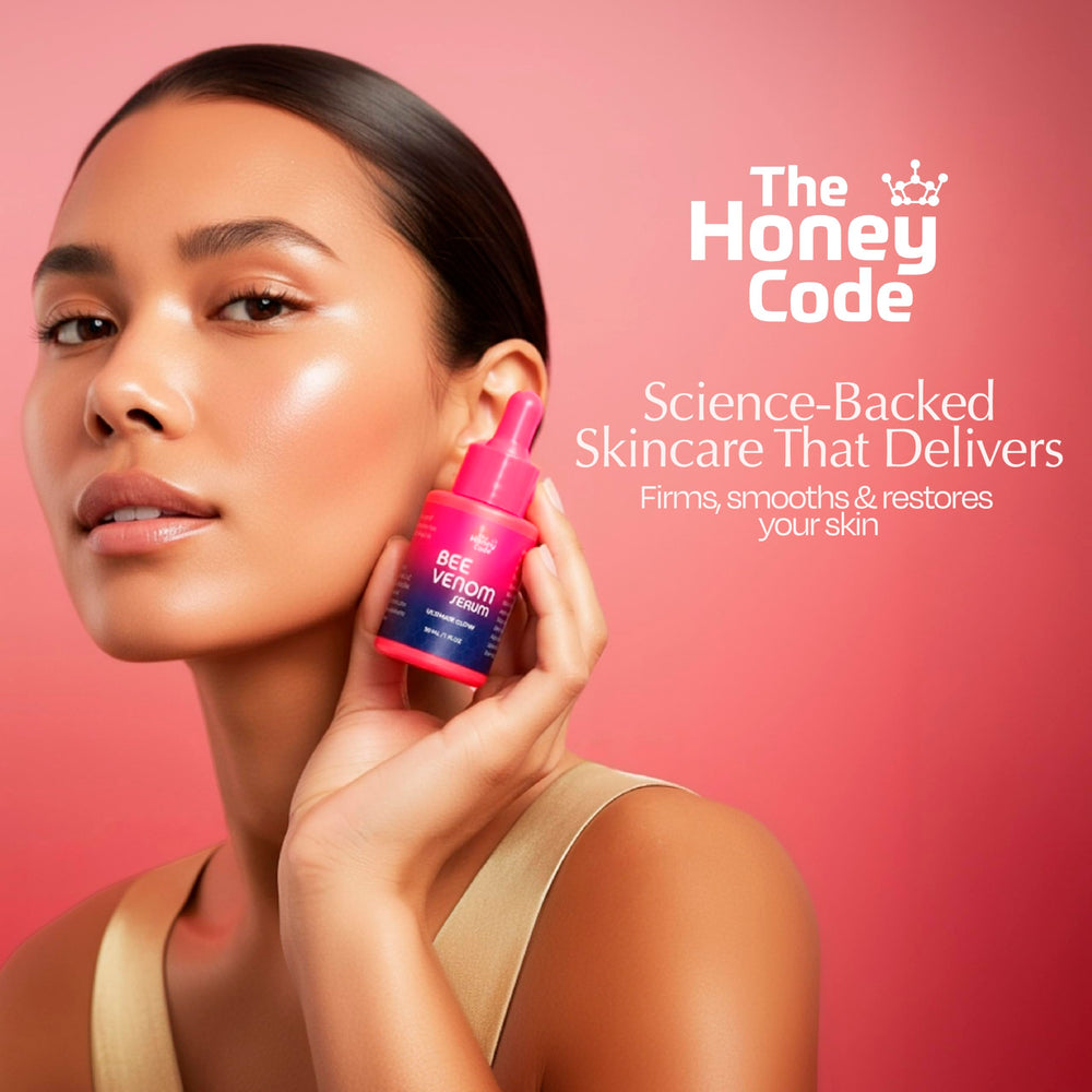 The Honey Code Bee Venom Serum glow after application highlights a radiant complexion.
