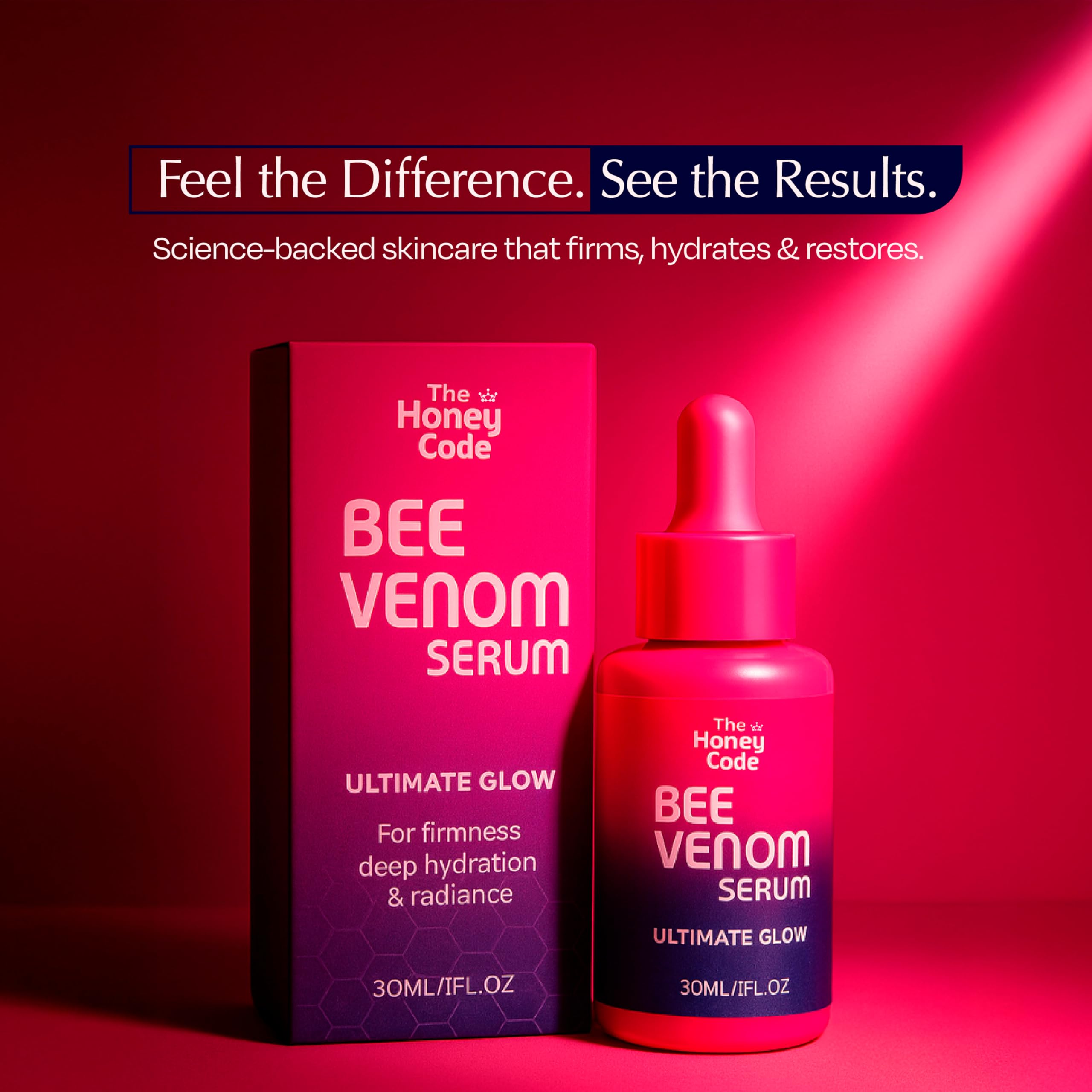 The Honey Code Bee Venom Serum label detail communicates 0.5% bee venom and ingredients.