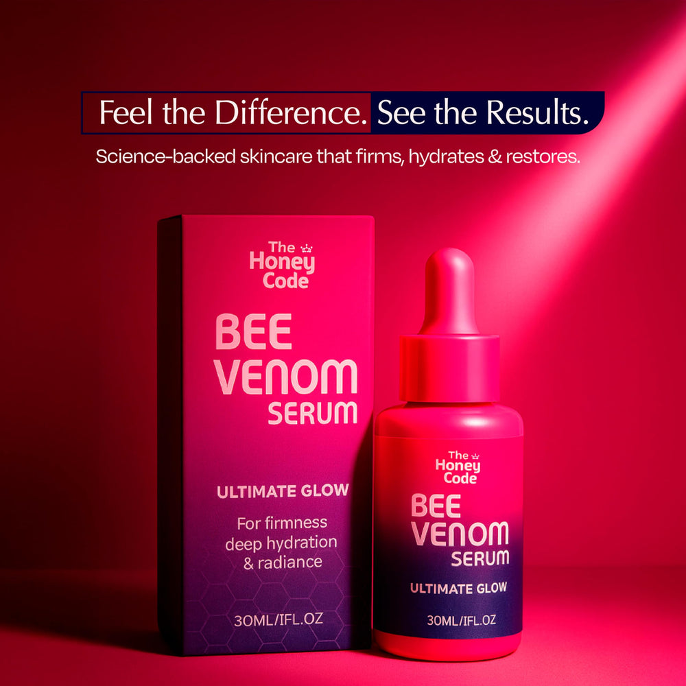 The Honey Code Bee Venom Serum label detail communicates 0.5% bee venom and ingredients.
