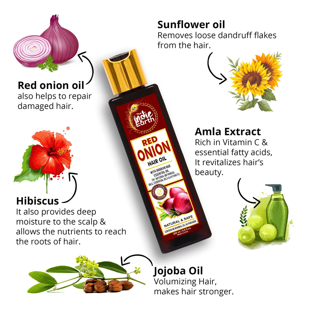 The Indie Earth Red Onion Oil with argan and jojoba infusion for smoother strands