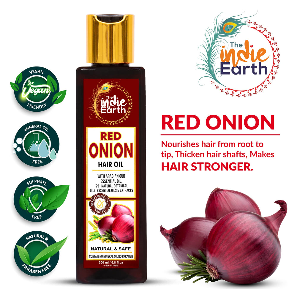 The Indie Earth Red Onion Oil label closeup showing herb blend