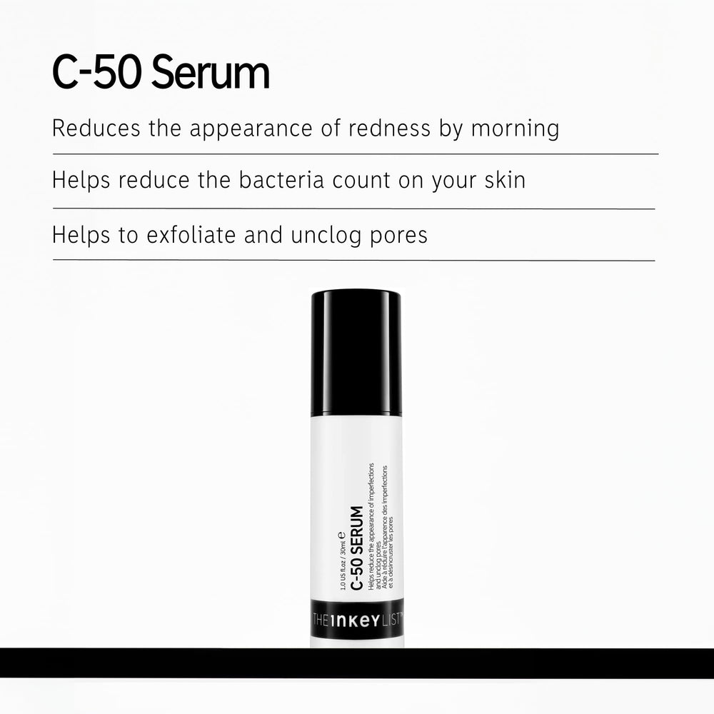The INKEY List C-50 Serum pea-sized application demonstrates a night-time spot care routine.