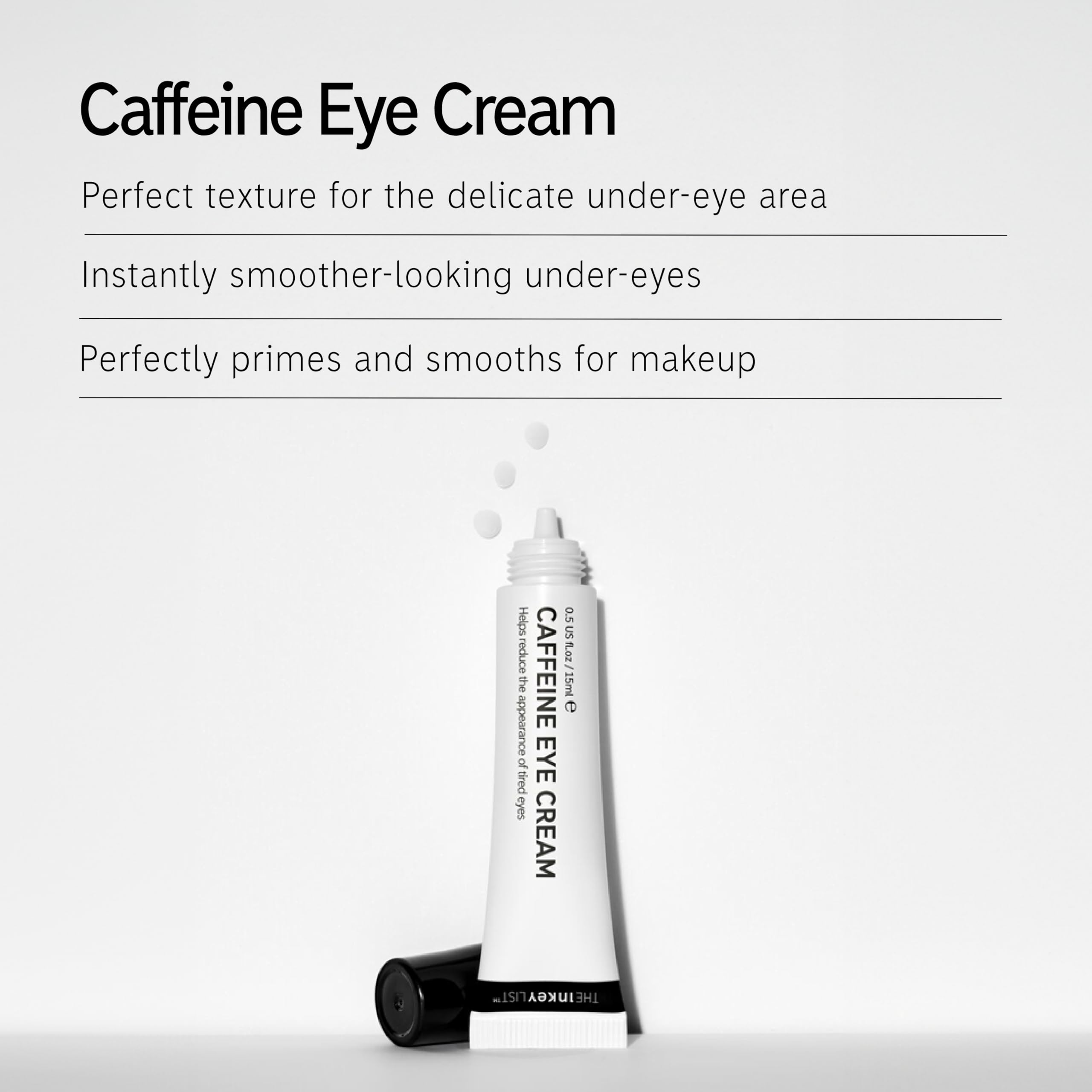 The INKEY List Caffeine Eye Cream Duo close-up tube highlights caffeine hydration for puffiness reduction.