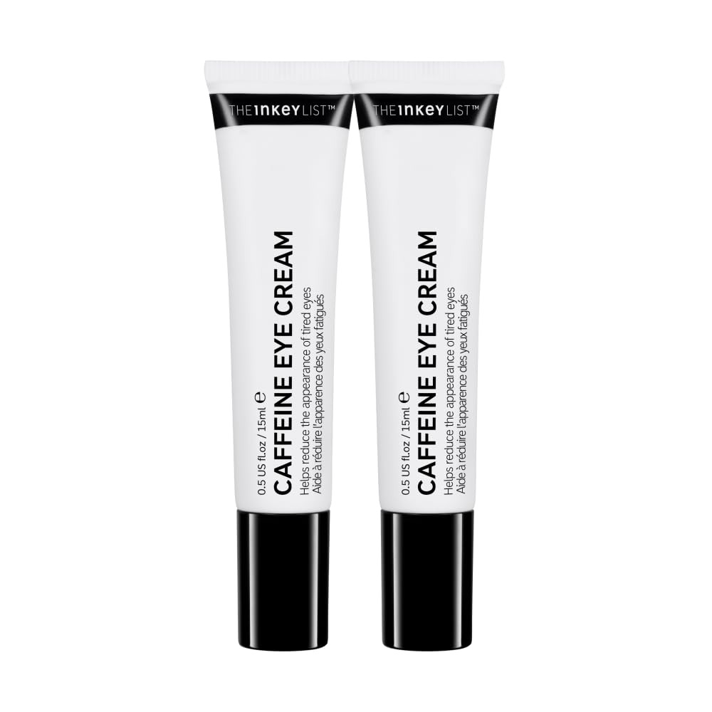 The INKEY List Caffeine Eye Cream Duo pack shot promotes refreshed under-eye appearance for makeup days.
