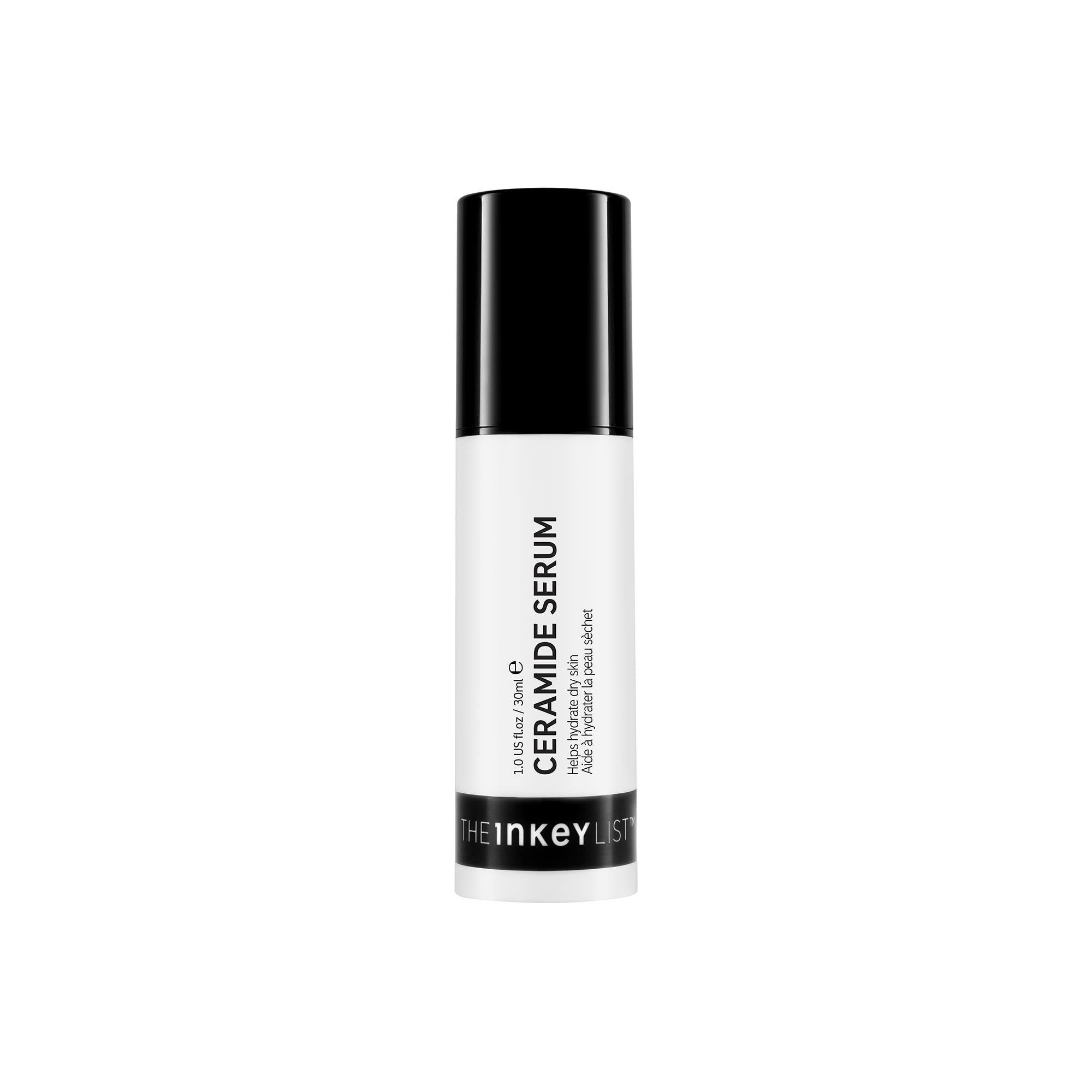 The INKEY List Ceramide Serum bottle closeup highlighting hydrating formula for dry skin.