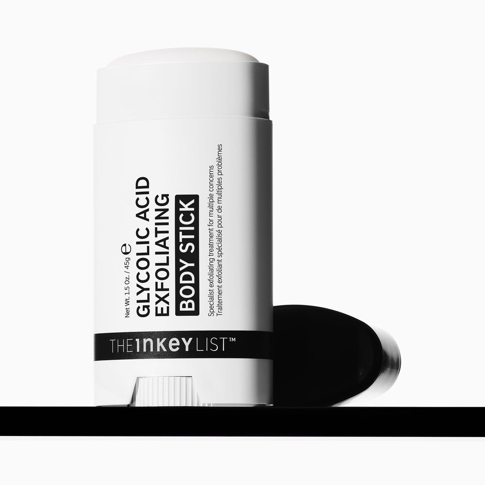 The INKEY List glycolic exfoliating body stick packaging showing fragrance-free design for sensitive skin.
