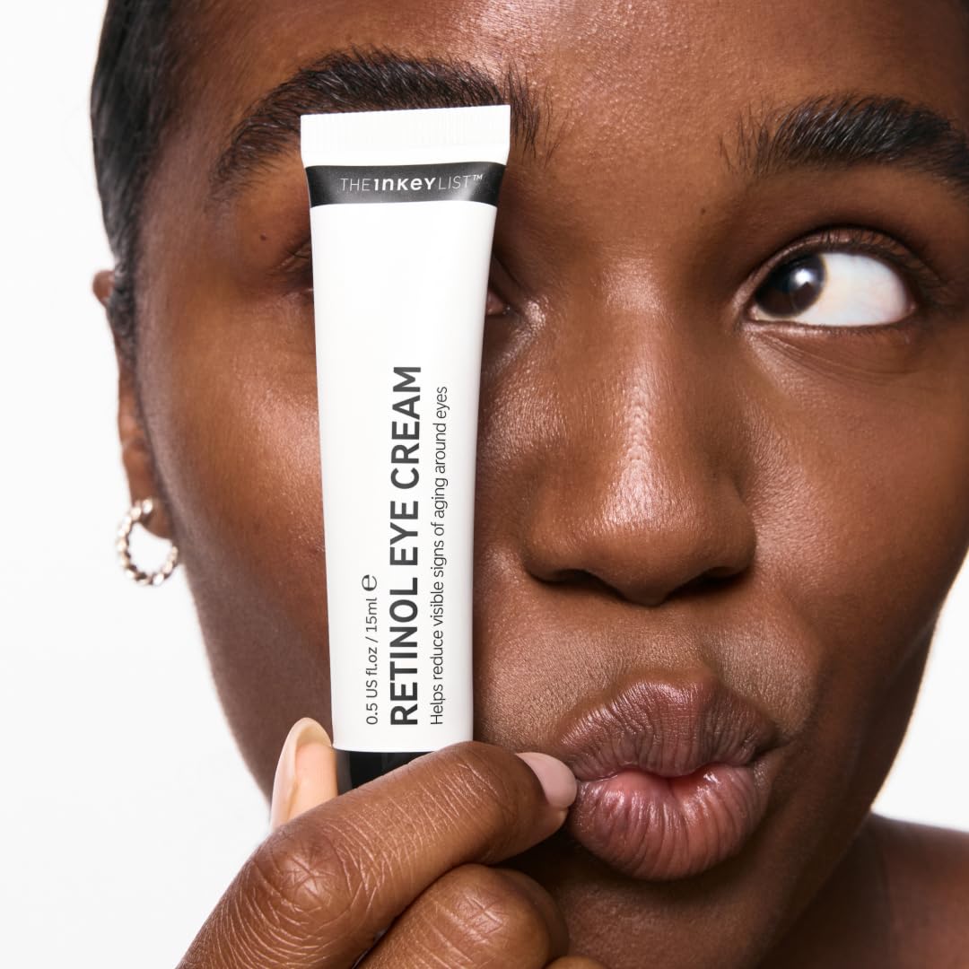 The INKEY List Retinol Eye Cream texture swirl shows slow-release vitamin A for gentle use