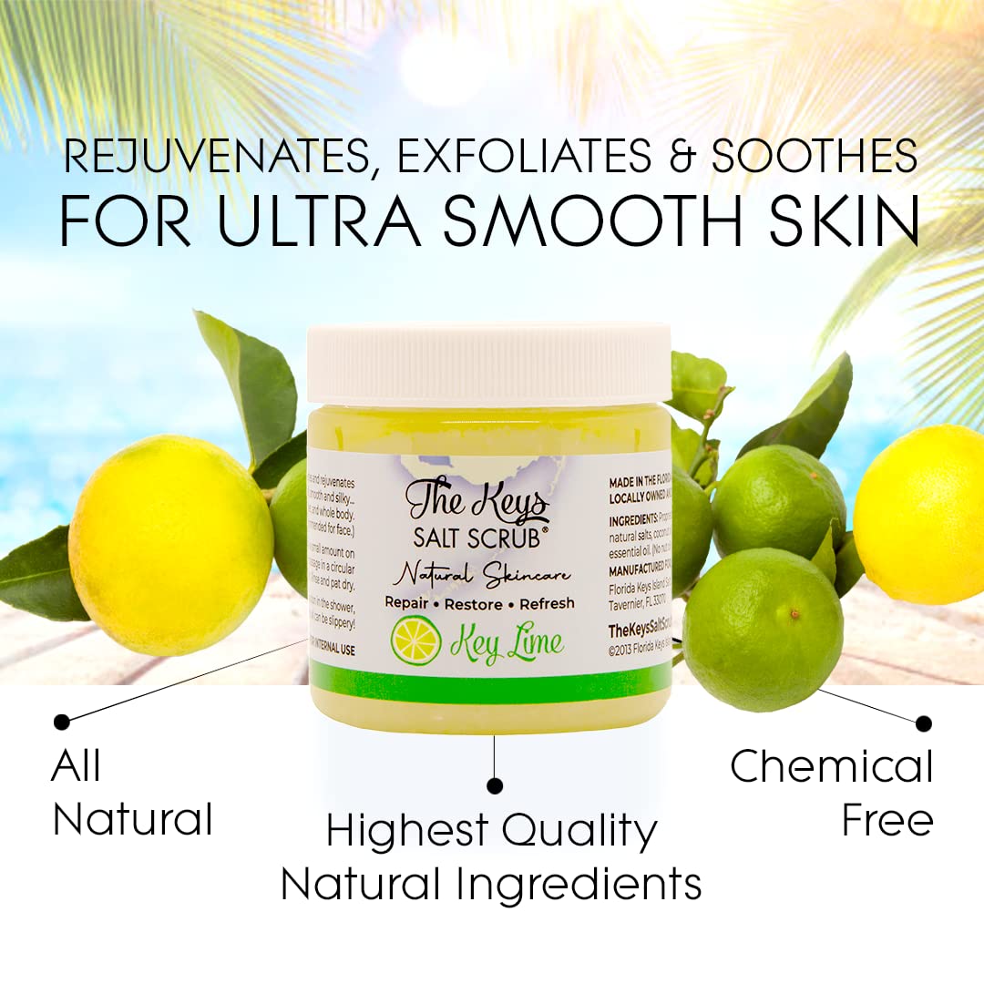 The Keys Salt Scrub texture close-up shows coarse sea salt for effective exfoliation