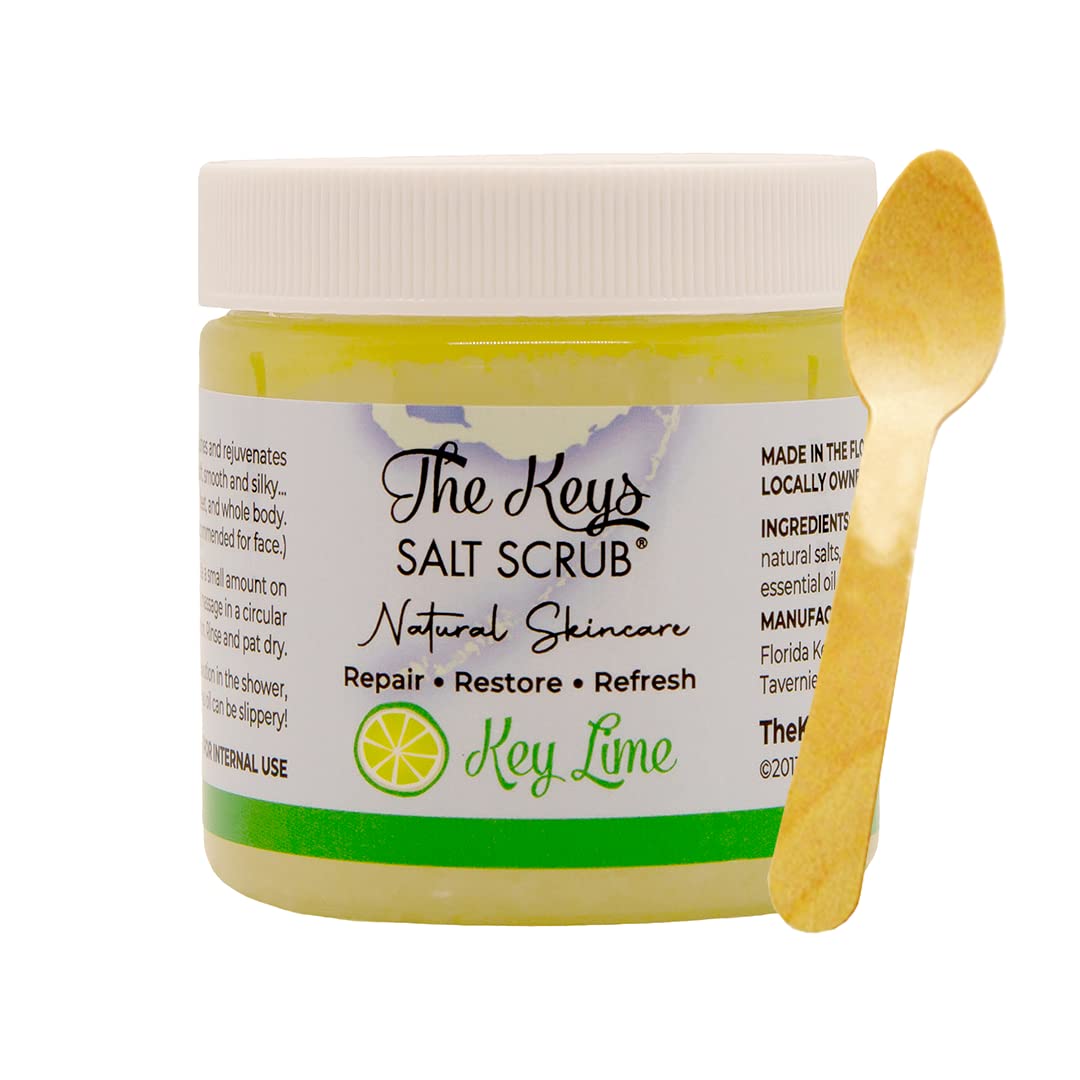 The Keys Salt Scrub wooden spoon in container for easy scooping and mess-free application