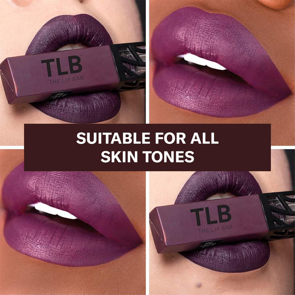 The Lip Bar Drama Queen application closeup highlights glide and velvety finish.