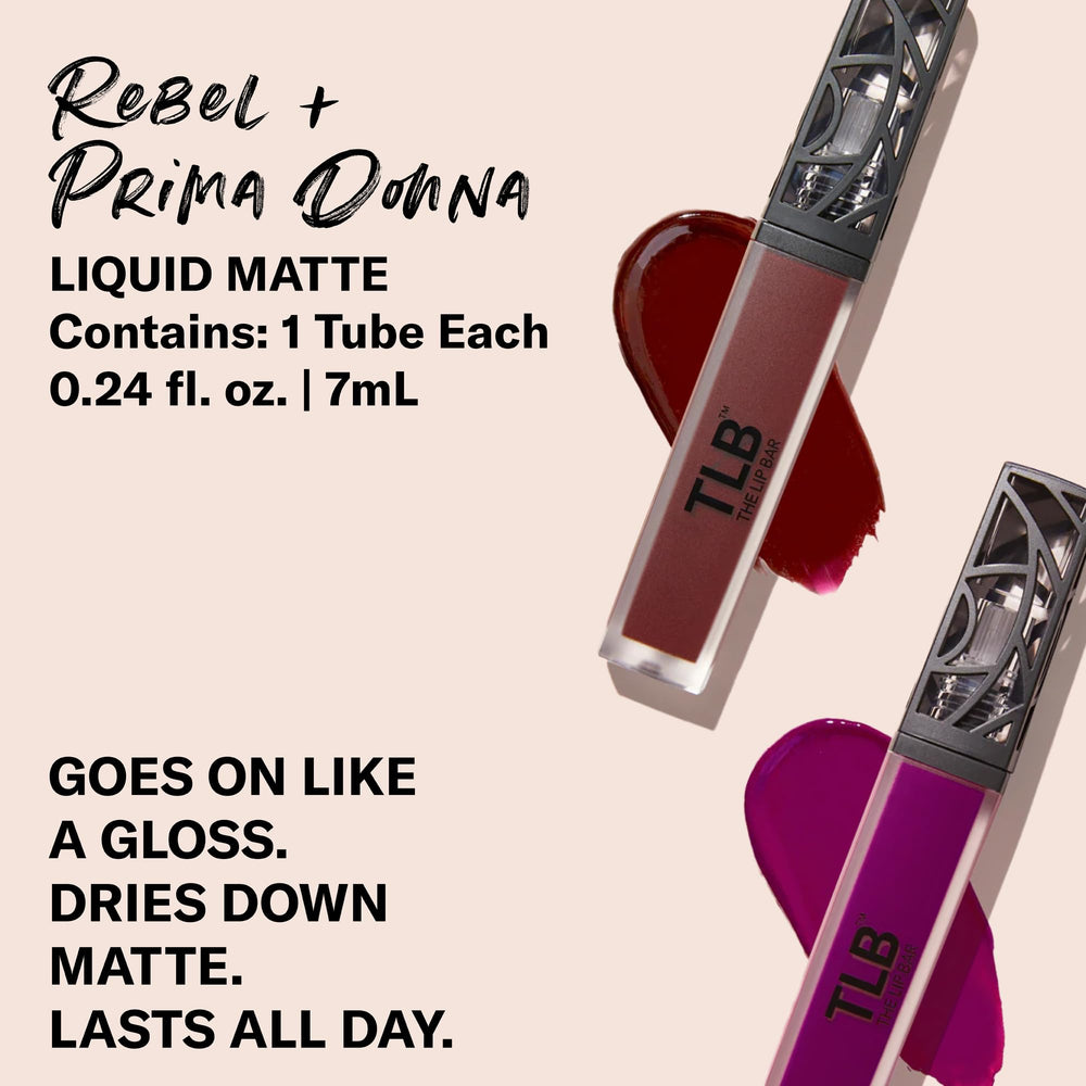 The Lip Bar Nonstop Liquid Matte Lipstick Mini 2-Pack Prima Donna swatch shows vibrant fuchsia purple color.