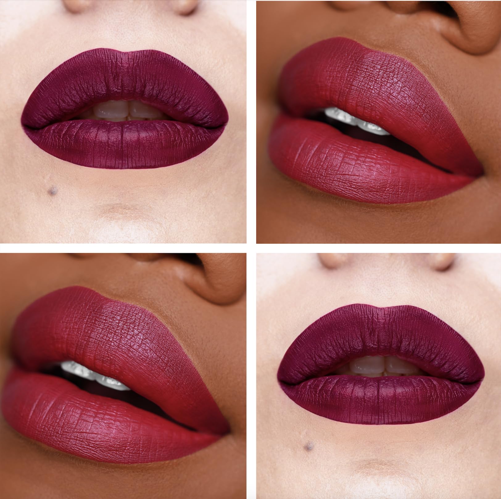 The Lip Bar Rebel deep burgundy swatch on lips for rich matte impact.