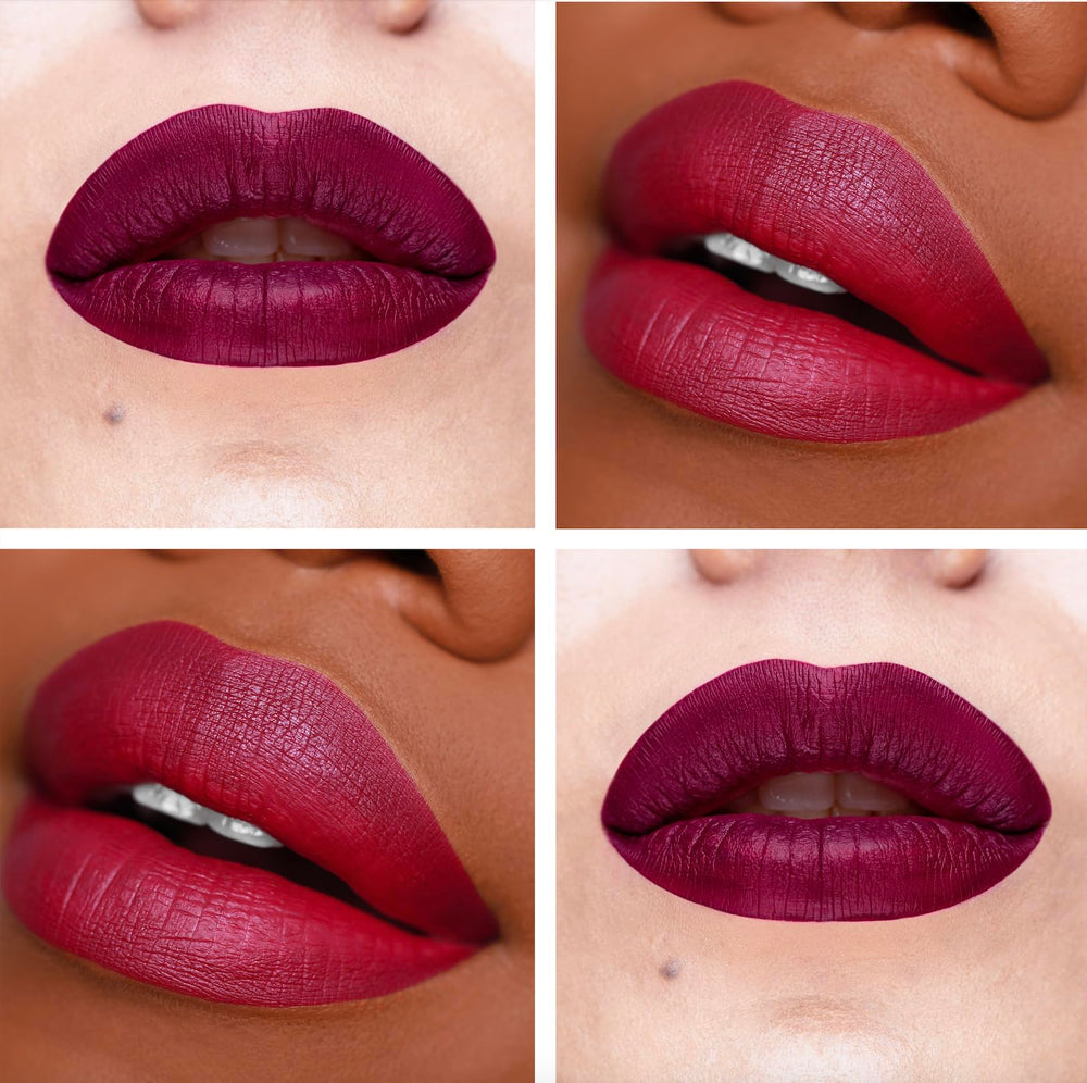 The Lip Bar Rebel deep burgundy swatch on lips for rich matte impact.